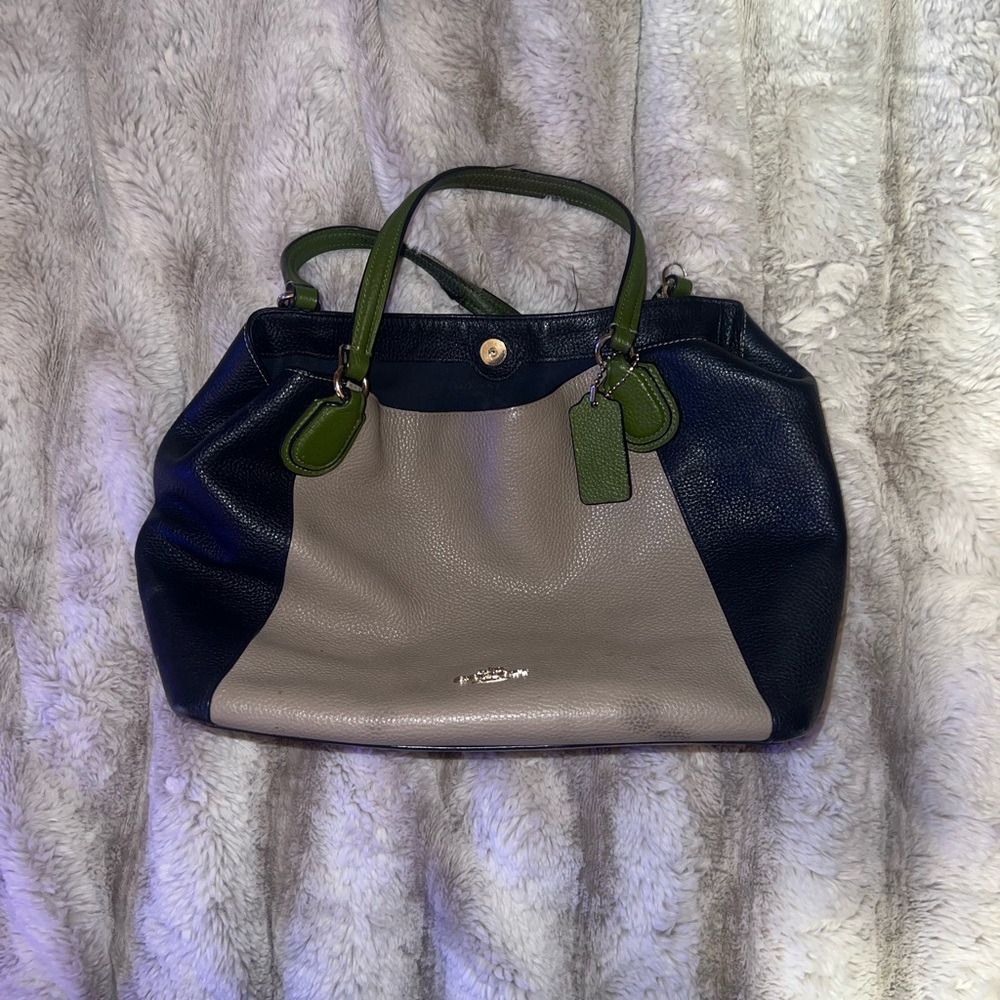 Coach Navy, Green, and Gray Leather Satchel